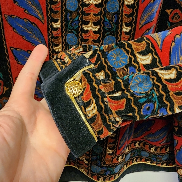 Vintage 80s Saxton Hall rose botanical peacock print Velvet Jacket - Picture 11 of 13